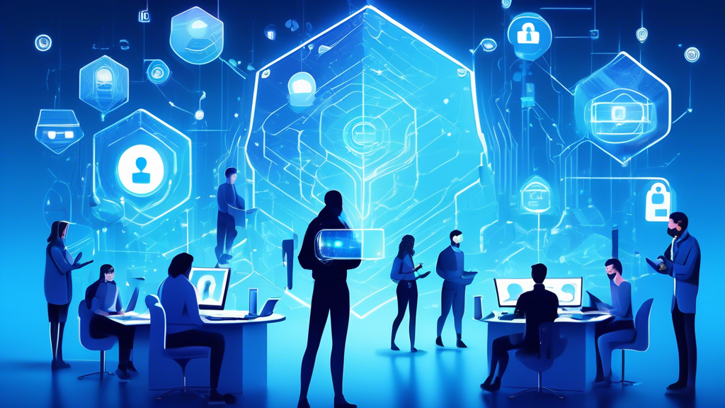 Create an image of a futuristic digital landscape with a diverse group of people using devices, surrounded by holographic shields and padlocks. Include elements like secure passwords, encrypted data, and two-factor authentication symbols to convey online data protection. Make the scene vibrant and modern, highlighting the importance of cybersecurity and safe internet practices.