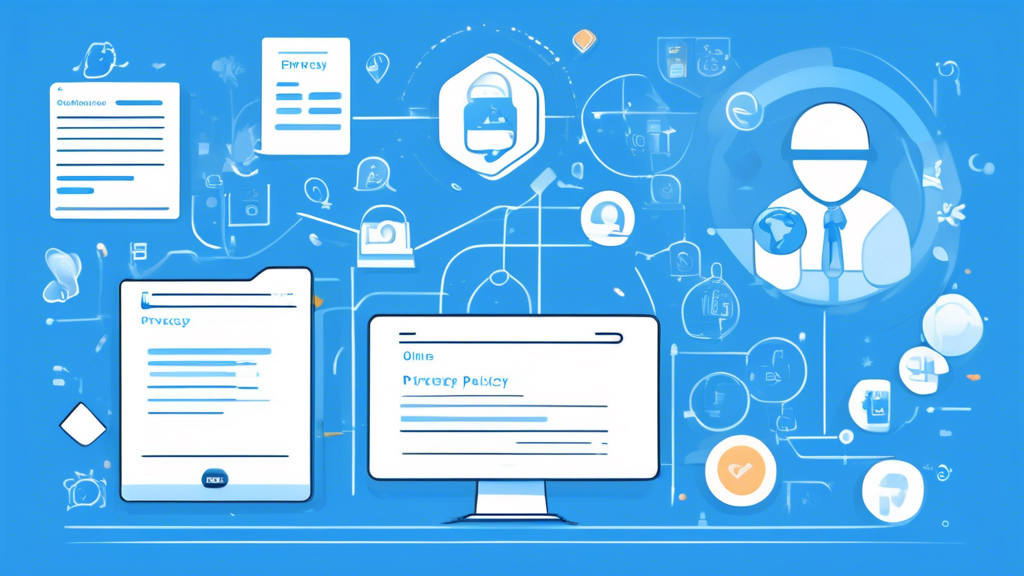 Create an image that illustrates the key components of a standard online privacy policy. Show a webpage with icons representing data protection, user consent, cookies, data sharing, and user rights. The webpage should have a clean, modern design with clear headings and sections, and a calming color scheme that evokes a sense of trust and security.