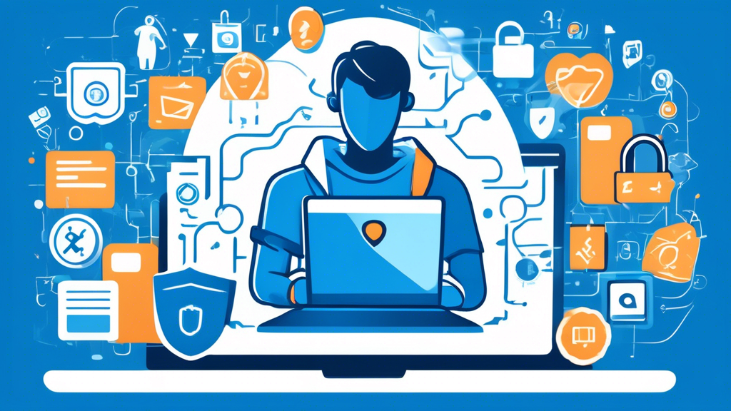 Create an image that depicts a person shopping online on a laptop, surrounded by icons and symbols representing privacy and security, such as padlocks, shields, and encrypted data lines. The setting should be a comfortable home environment, emphasizing the user's concern for their privacy and the importance of secure online shopping practices.