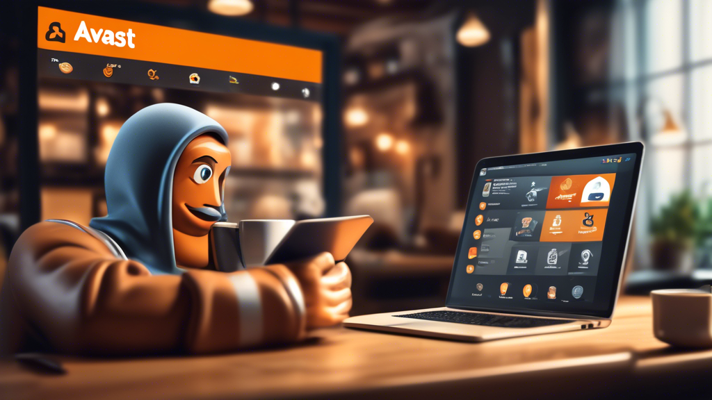 Create an image of a person browsing the internet on a laptop with a protective shield icon displaying 'Avast Online Security & Privacy Extension' in the background. The scene should depict a cozy coffee shop setting, with the person looking relaxed and reassured while surfing the web. Include subtle elements like padlock icons and secure website indicators on the browser interface to emphasize enhanced online security.