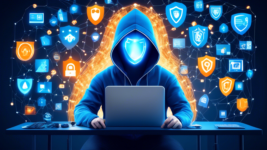 Create a digital illustration of a computer user surrounded by a protective shield made of glowing web icons, representing online security and privacy. Include a prominent Avast logo and elements such as padlocks, encrypted codes, and check marks to convey safety features.