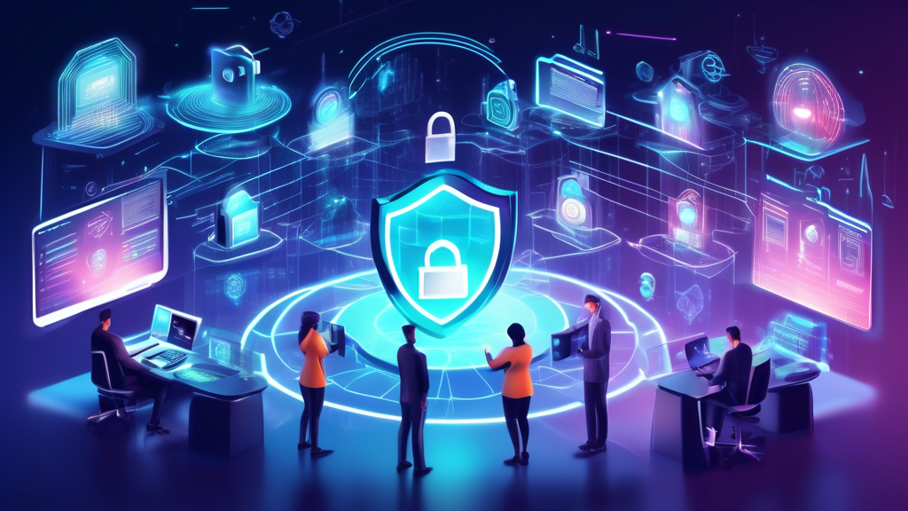 Create an image illustrating the concept of enhancing privacy and security of online services, featuring a diverse team of cybersecurity experts working together on futuristic holographic screens. The scene includes padlocks, shields, and encrypted data symbols floating around, with a backdrop of servers and cloud networks. Incorporate elements like biometric scanners, two-factor authentication icons, and secure tokens, to represent best practices and trends in the field.