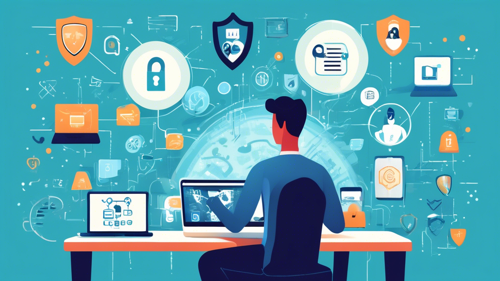 Create an image that illustrates Essential Tips for Data Protection Online. Depict a person sitting at a desk, surrounded by various digital security icons such as a padlock, shield, fingerprint, and a laptop screen with a secure connection symbol. Include floating text bubbles with brief tips like Use Strong Passwords, Enable Two-Factor Authentication, Regularly Update Software, Be Cautious of Phishing Scams, and Backup Your Data. The background should be a sleek, modern room with a secure, tech-savvy ambiance.