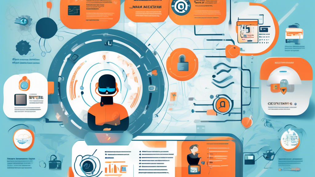 Create a visually striking infographic that illustrates modern techniques for maximizing internet privacy in 2023. The image should include elements such as a person using a secure VPN, encrypted messaging apps, two-factor authentication, a private browser, and strong passwords. The background should feature a futuristic, high-tech design with icons symbolizing data protection and cybersecurity. Include brief, easy-to-read text callouts explaining each privacy technique.