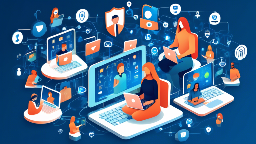 Create an image of a diverse group of people using different electronic devices (laptops, smartphones, tablets) with icons representing privacy features floating around them. These icons include padlocks, shield symbols, fingerprints, facial recognition, and secure password symbols. The background should show a digital network grid for a modern tech aesthetic. The overall scene should convey a sense of security and proactivity in a digital world.