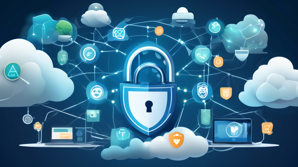 Create an image of a serene digital landscape where interconnected devices form a harmonious network. In the center, a lock-shaped shield symbolizes robust privacy protection. Surrounding the shield are elements representing best practices: a strong password, a VPN tunnel, antivirus software, and two-factor authentication devices. The background showcases a digital security icon cloud floating above, emphasizing the importance of safeguarding personal information online.