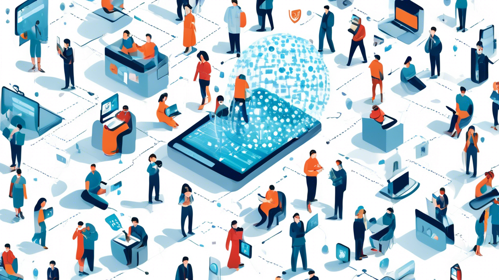 Create an image illustrating the concept of internet personal data privacy. Depict a diverse group of people using various digital devices like smartphones, laptops, and tablets, each surrounded by a protective bubble or shield made of binary code. Show digital locks and keys floating around them to emphasize security. Include subtle elements like padlocks, secure servers, and warning icons to highlight the significance of protecting personal information online.