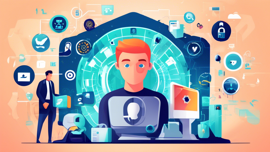 Create an illustration that showcases the top 10 best internet privacy tools for 2023. Depict a person surrounded by various security icons such as a VPN shield, an antivirus symbol, an encrypted email, a password manager, and a secure browser. Each tool should be represented with a sleek, modern icon or logo, with a futuristic digital background and the year 2023 subtly incorporated into the design. Make sure the overall color scheme is vibrant yet professional to convey a sense of trust and advanced technology.