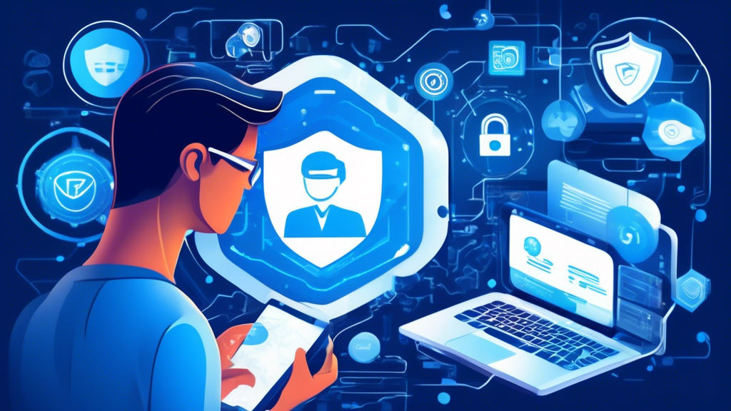 Create a detailed digital illustration of a tech-savvy person using various internet privacy tools: a VPN, encrypted messaging app, secure browser, password manager, and antivirus software. Display icons or representations of these tools around the person, with a modern, high-tech environment in the background. The image should communicate the importance of online security and personal privacy.