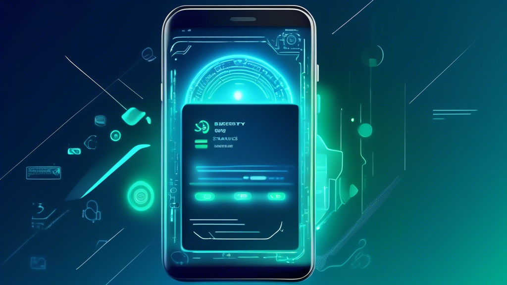 Create an image of a futuristic digital wallet displaying a virtual privacy card on a sleek smartphone screen. The background should feature abstract graphics representing data security and privacy, with icons like locks, shields, and encrypted codes. The overall color scheme should be tech-inspired, using shades of blue and green to evoke a sense of security and trust.