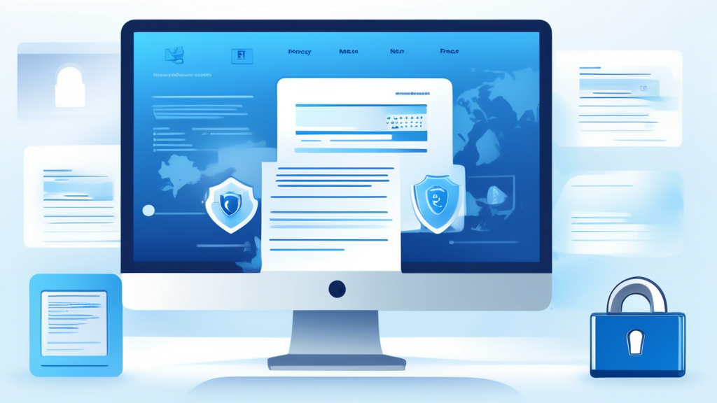 Create an image depicting a computer screen with a website homepage prominently featuring an online privacy notice. Surrounding the screen, incorporate visual elements like padlocks, shields, and documents symbolizing security and privacy. The backdrop should be a subtle, calming gradient to emphasize the importance of data protection while keeping the focus on the privacy notice.