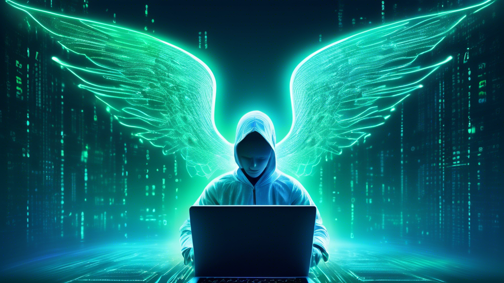 Create an image depicting a digital guardian angel: a glowing, ethereal figure hovering over a person using a laptop, symbolizing protection and security. The laptop screen displays the Avast logo subtly, with binary code and locks surrounding the figure, representing cybersecurity. The background is a calming blue and green gradient, emphasizing a sense of safety and privacy in the digital world.