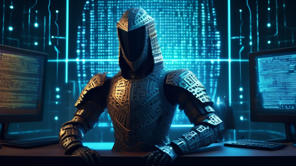 Create an image depicting a digital guardian character, armed with a shield and armor made of binary code, standing protectively in front of a glowing computer screen. The screen displays a serene personal landscape of private data being safely locked away. Surrounding this scene are symbols of privacy protection, such as padlocks, keys, and encrypted messages, floating in the digital ether. The colors should be a calming blend of blues and greens, symbolizing security and trust.