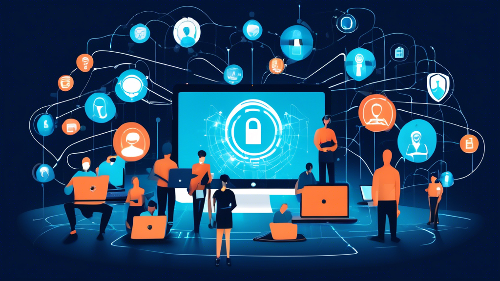 Create an image that illustrates the concept of online privacy protection. Include a diverse group of individuals using various digital devices like laptops, tablets, and smartphones, each surrounded by visual metaphors of security such as padlocks, shields, and encrypted data symbols. The background can be a web-like network, emphasizing connectivity, with glowing lines representing data flow securely protected by these symbols. The individuals should have expressions of confidence and peace, highlighting the effectiveness of the privacy strategies they are employing.