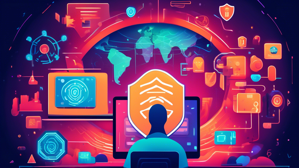 Create an illustration of a digital landscape featuring a laptop with a glowing shield emblem on the screen, surrounded by various symbols representing online privacy such as a lock, fingerprint, and VPN. In the background, depict abstract elements like encrypted data streams and protective barriers, conveying a sense of security and advanced technology. The color palette should evoke a sense of safety and trust, with blues and greens.