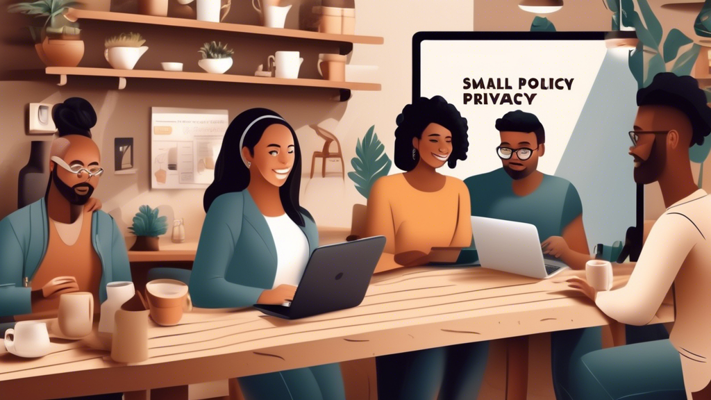 Create an illustrative image of a diverse group of small business owners gathered around a digital tablet displaying a free online store privacy policy template. The scene should convey collaboration and concentration, with the backdrop of a cozy café where the business owners are seated at a rustic table. Include elements like coffee cups, notepads, and laptops to emphasize the setting. The privacy policy on the tablet should be partially visible, showcasing key phrases such as essential tips and guidelines to highlight the focus on creating an effective privacy policy for their online shops.