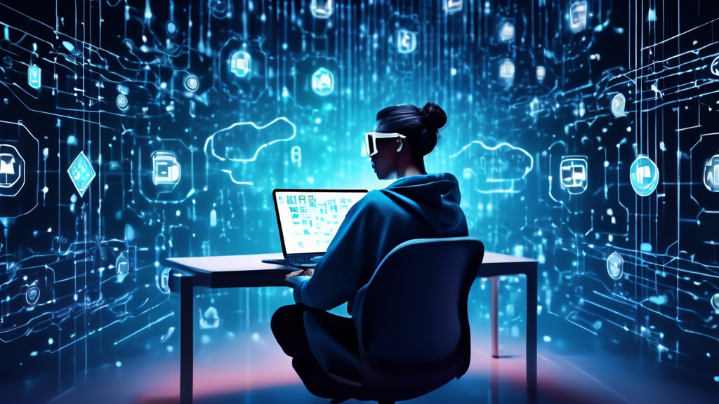 Create an image depicting a person sitting at a computer, surrounded by digital locks and shields symbolizing online privacy protection. The background is a blend of binary code and abstract representations of the internet, such as clouds and interconnected nodes. The person is wearing futuristic glasses that display reflected images of secure passwords, VPN logos, and privacy settings. The scene is illuminated with a soft blue glow, representing the digital age.