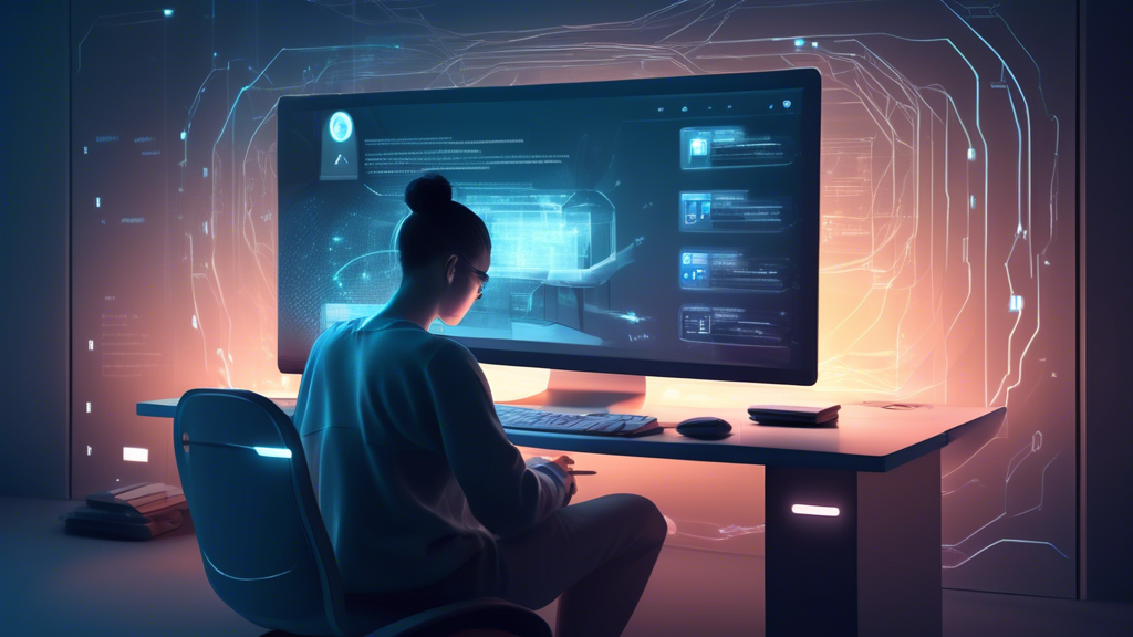 Create an image depicting a person sitting comfortably at a desk, using a computer with a screen displaying a sleek, modern private browser interface. The room is softly lit, suggesting a calm, secure atmosphere. Surrounding the main subject are subtle visual elements representing online privacy, such as digital locks, abstract data streams turning into transparent walls, and floating shield symbols. The entire scene conveys the sense of safety and privacy in the digital world achieved through using a free online private browser.